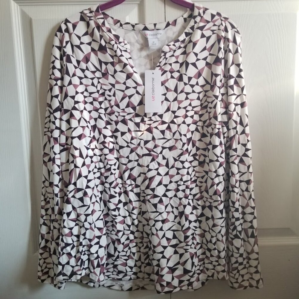 Liz Claiborne Women's Blouse Medium White Plum Purple V-Neck Long Sleeve New